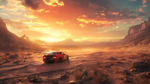 Sunlit desert racetrack with red sports car drifting hard.