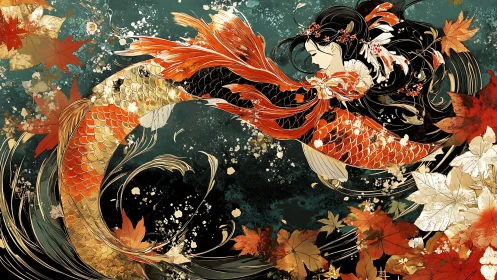 Autumn-tossed koi maiden carves golden arcs through twilight waters