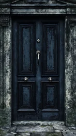 Weathered dark blue door suggests forgotten urban stories.