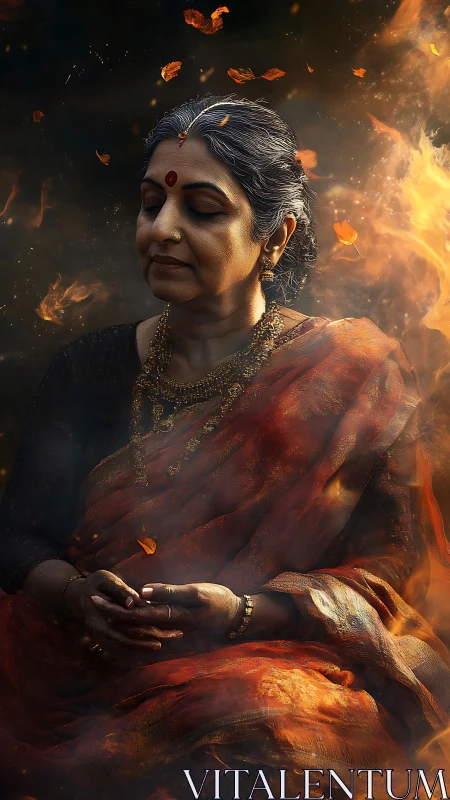 Serene elder in fiery sari, meditative portrait in embers.