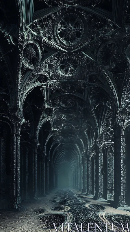 Gothic fractal cathedral corridor dissolving into eerie mist.