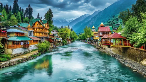 Mountain river town under overcast sky with saturated color contrast