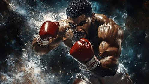 Powerful Boxer in Dynamic Combat Motion.