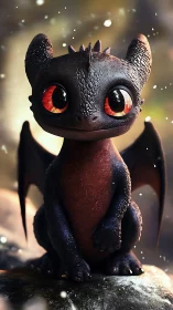 Microtextured chibi dragon with refractive ember eyes rendered.