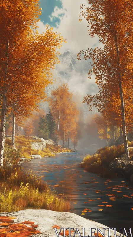 Mountain river in autumn forest with birch trees and rocks.