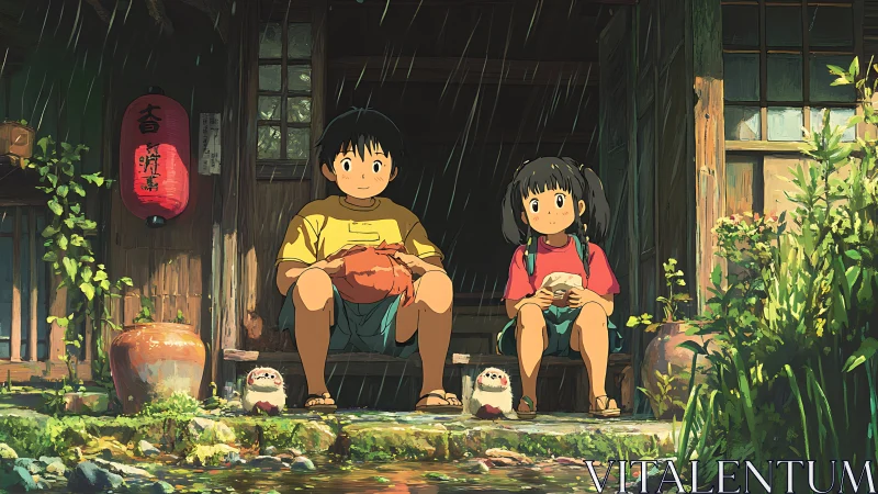 Two children seated on old wooden porch in gentle rainfall.