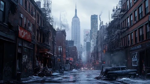 Cinematic winter city alley with central skyline axis framing.