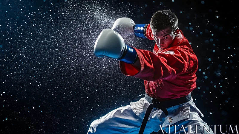 Martial artist throws powerful punch in dynamic spray scene.