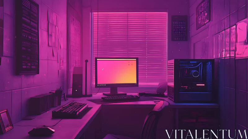Neon magenta dual-monitor PC workstation in moody office