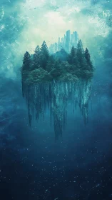 Floating Island Rising Above Ethereal Blue Atmosphere.