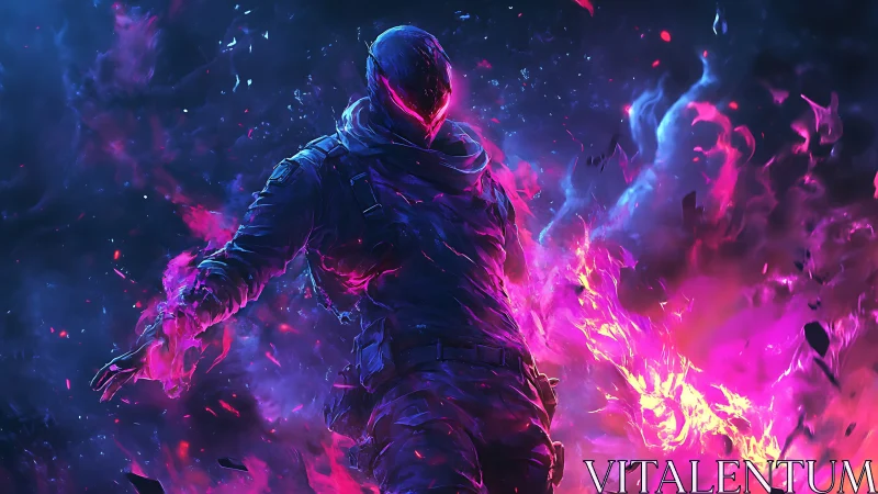 Neon-cloaked specter emerging through ultraviolet flames.