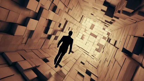 Silhouetted figure walks through tilted geometric tunnel space