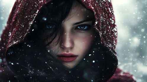 Snow cloaked woman with piercing eyes in winter storm.