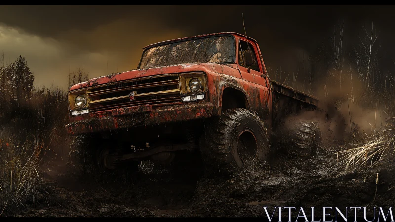 Old red off-road truck driving through deep forest mud.