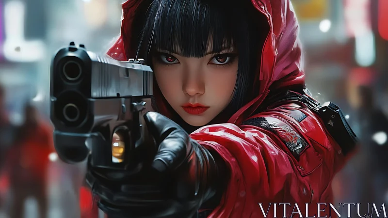 Fearless girl in red hoodie holds her ground in the city.