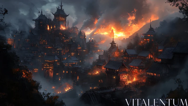Medieval Fantasy Castle Engulfed in Fire and Smoke
