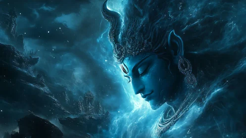 Celestial blue guardian resting within swirling cosmic seas.