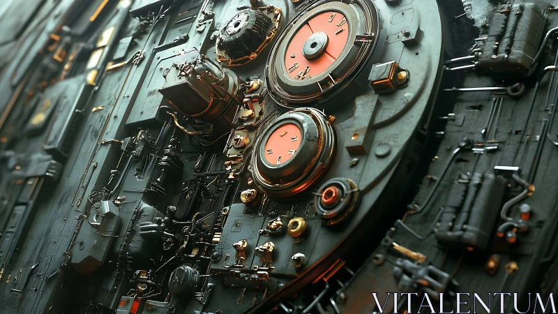 Futuristic engine panel reveals intricate orange dials. Period.