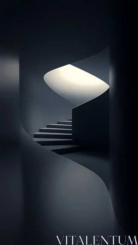 Minimalist spiral stairway curves toward overhead light source