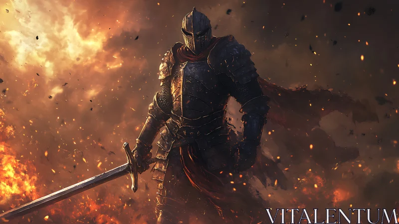 Armored knight advances through incendiary battlefield haze