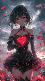 Heartlit gothic girl amid storm of crimson petals.