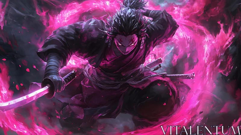 Vengeful samurai whirls neon cherry fire through midnight storm