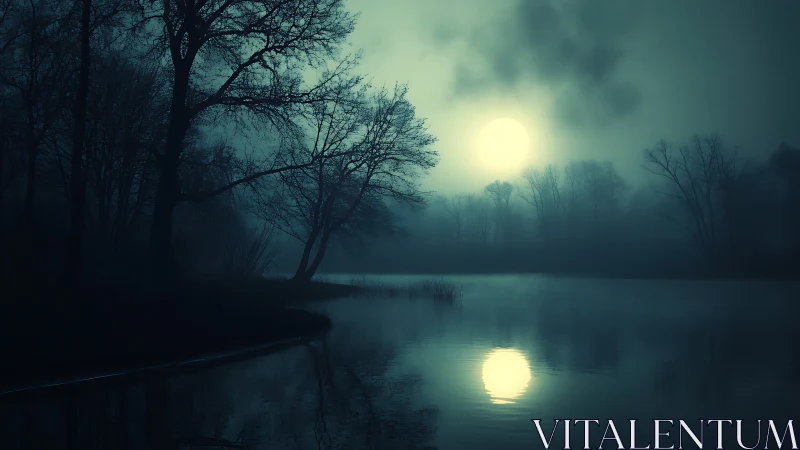 Moonlit lake with silhouetted winter trees and misty sky.