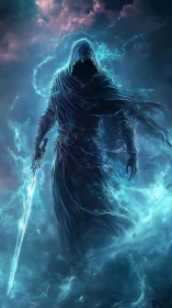 Hooded spectral warrior with glowing sword in misty void.