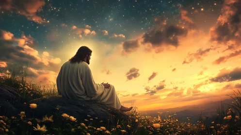 Silent-robed figure lingers in a sky-sparked sunset meadow