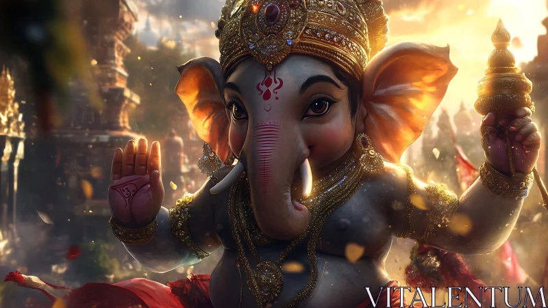 Ganesha idol radiates golden light in ornate temple setting