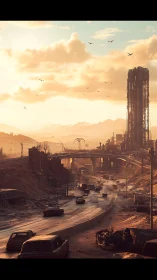 Golden light washes over a quiet post apocalyptic highway
