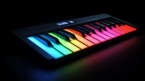 Rainbow-lit MIDI keyboard in dramatic studio darkness.