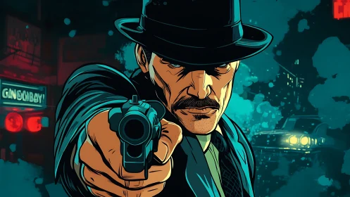 Noir ballistics convergence: vector-framed gunman portrait.