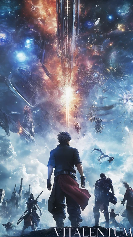 Futuristic warriors observe large energy beam in space city.