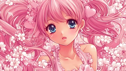 Pink haired anime girl drifts in dreamy blossom filled glow