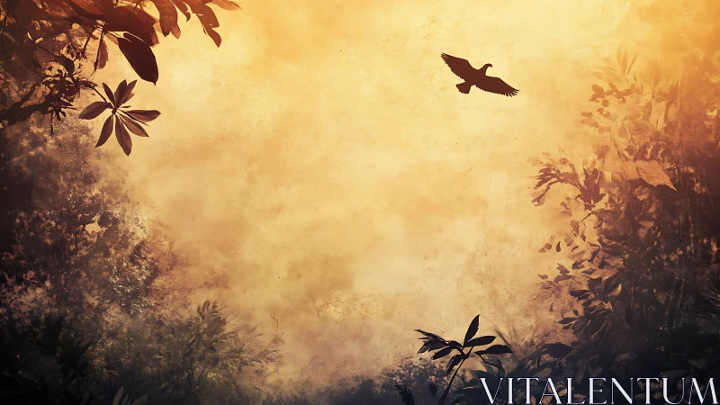 Solitary bird gliding across amber jungle hush sky.