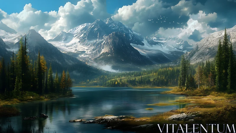 Snow-capped mountain range above conifer lake landscape.