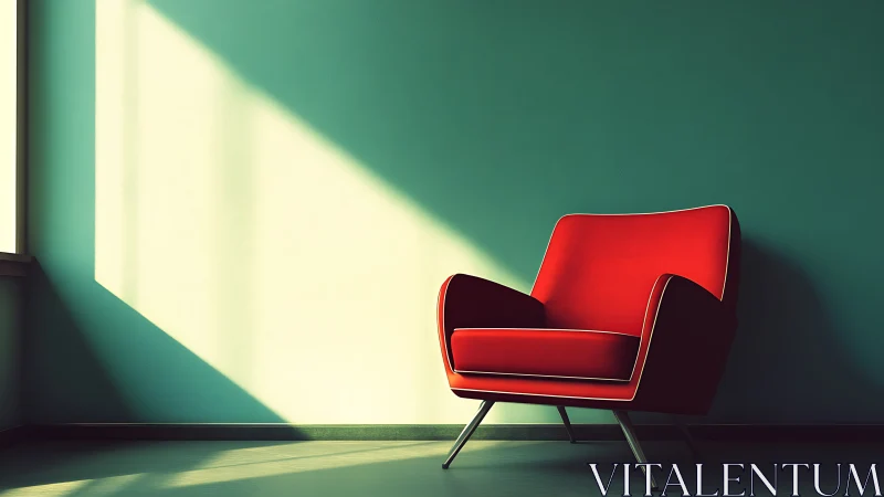 Midcentury red lounge chair in diagonal window sunlight corner