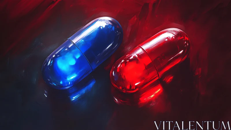 Contrasting blue and red capsules lie on a dark painted surface