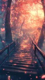 Sunlit wooden bridge glows through an ethereal autumn forest