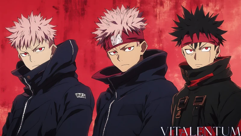Anime trio in dark streetwear before intense red backdrop.
