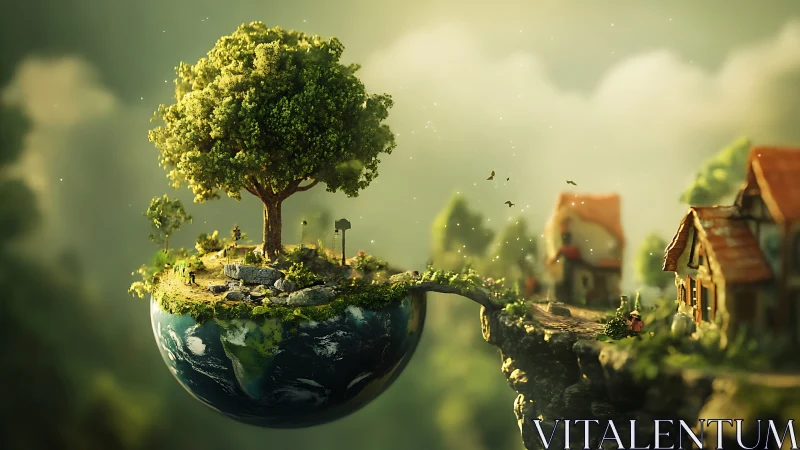 Floating miniature earth island with tree and village bridge.