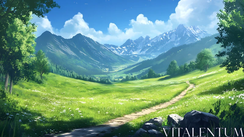 Sunlit alpine valley path rendered in luminous digital painting