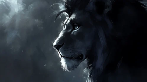 Low key side-profile lion digital portrait with rim lighting