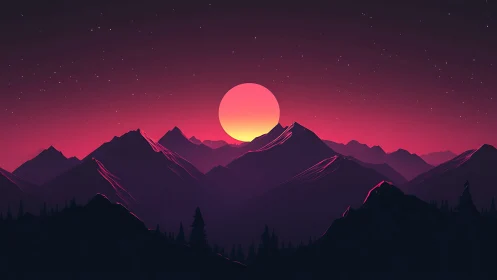 Glowing pink sunset resting gently over quiet mountain peaks.
