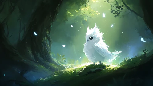 Whimsical White Bird in Enchanted Forest, Fantasy Digital Art.