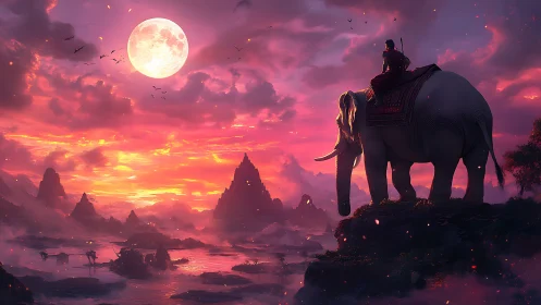 Rider on white elephant surveys misty valley under oversized moon