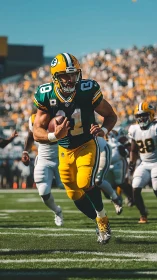 Green Bay quarterback sprinting down sideline in sunlight.