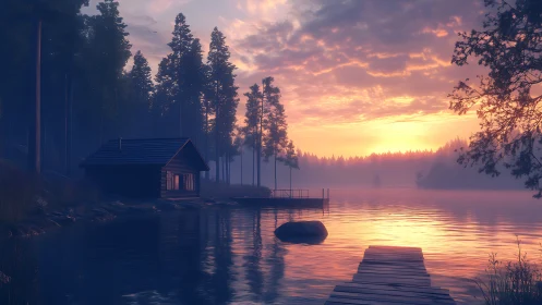 Lakeside cabin and pier viewed at low sun over misty water