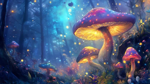 Glowing mushrooms in a blue mystical forest at night.